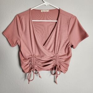 Heart Lips Womens Rose Pink Surplice Ruched Tie Bottom Ribbed Crop Top-Size L
